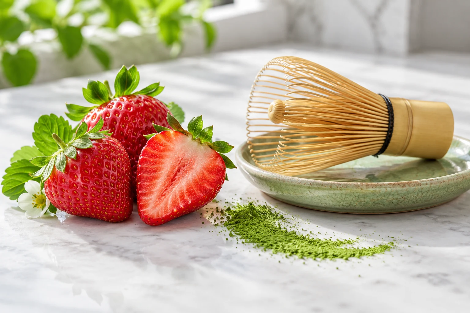 Strawberries and a matcha whisk