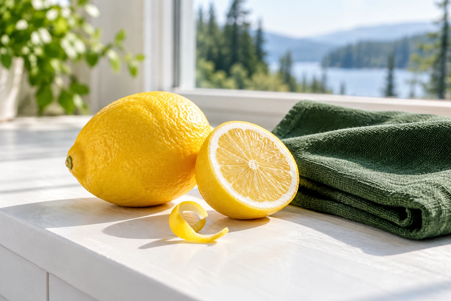 Lemons and green linen in a bright kitchen