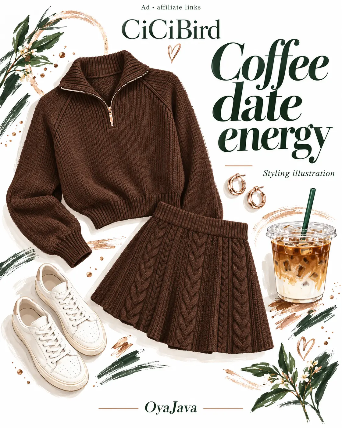Styling illustration of a brown half-zip knit sweater, cable-knit mini skirt, white sneakers, hoops and iced coffee