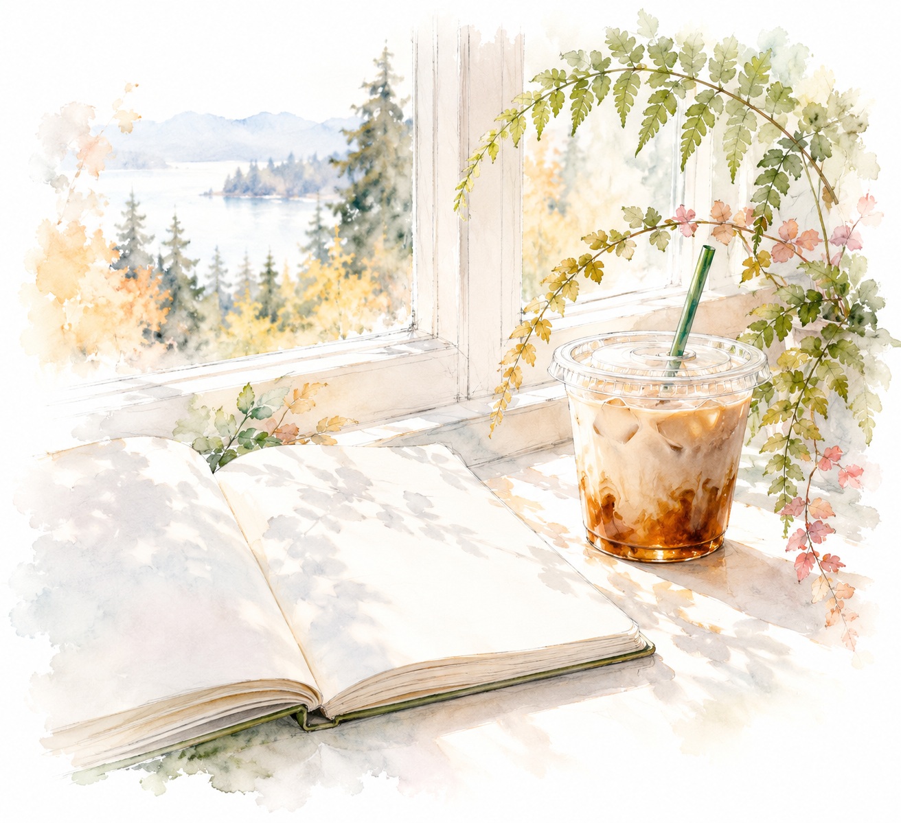 Watercolor of an open book and iced coffee by a bright window, framed by soft autumn leaves.