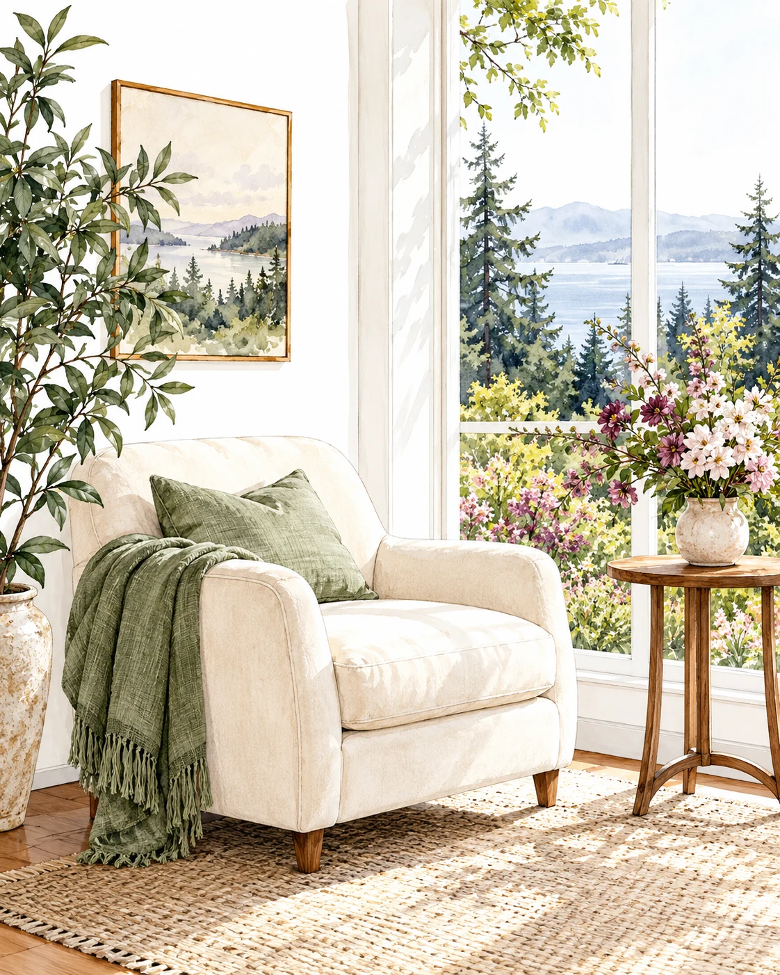 Watercolor of a cream reading chair beside a bright window and evergreens