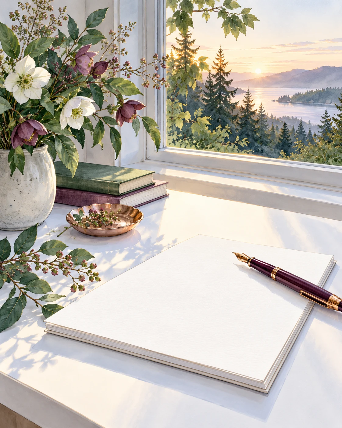 Watercolor of a writer’s empty desk, blank pages, flowers and soft dawn light