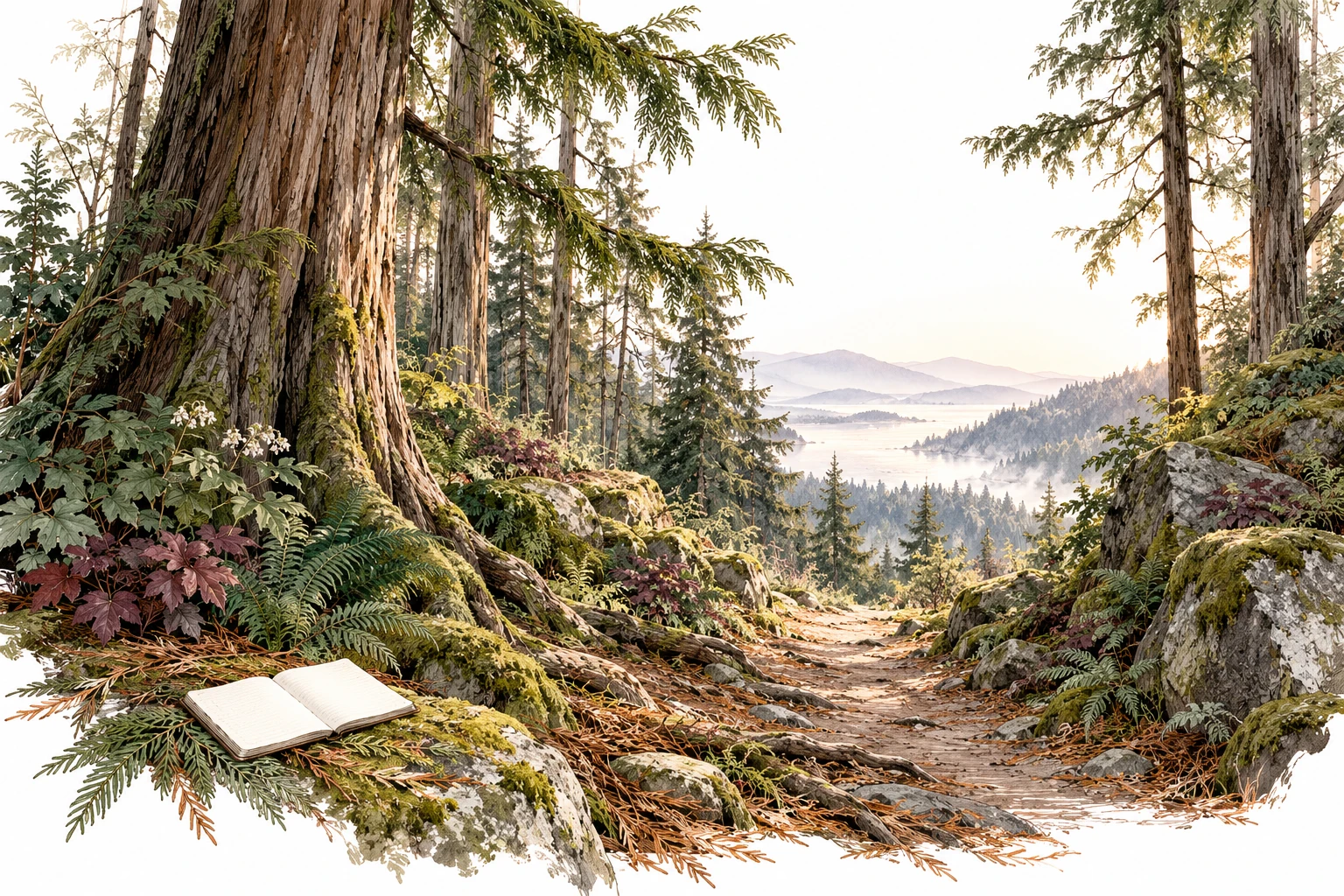Cedar forest path toward a misty horizon with a small open notebook in the foreground.