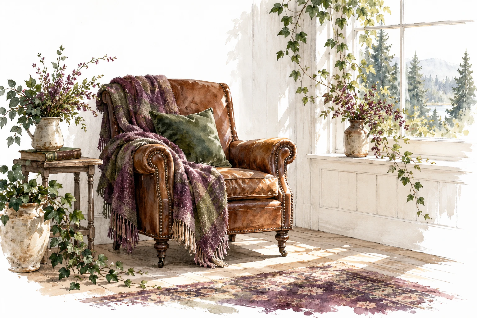 Empty vintage leather armchair with a plum throw and green cushion beside a cottage window.