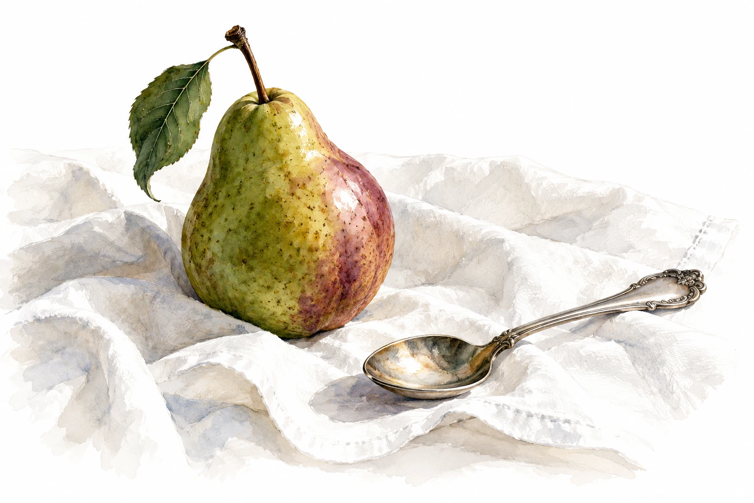 A single pear and ornate silver spoon on white linen.