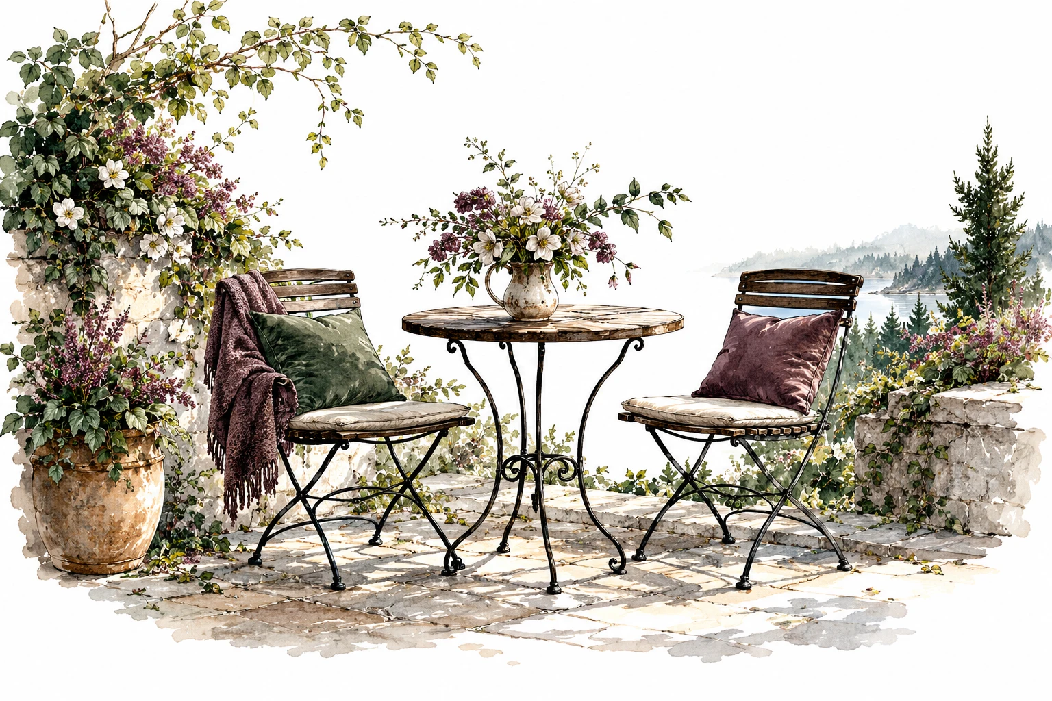 Two empty chairs around an intimate round table with flowers.