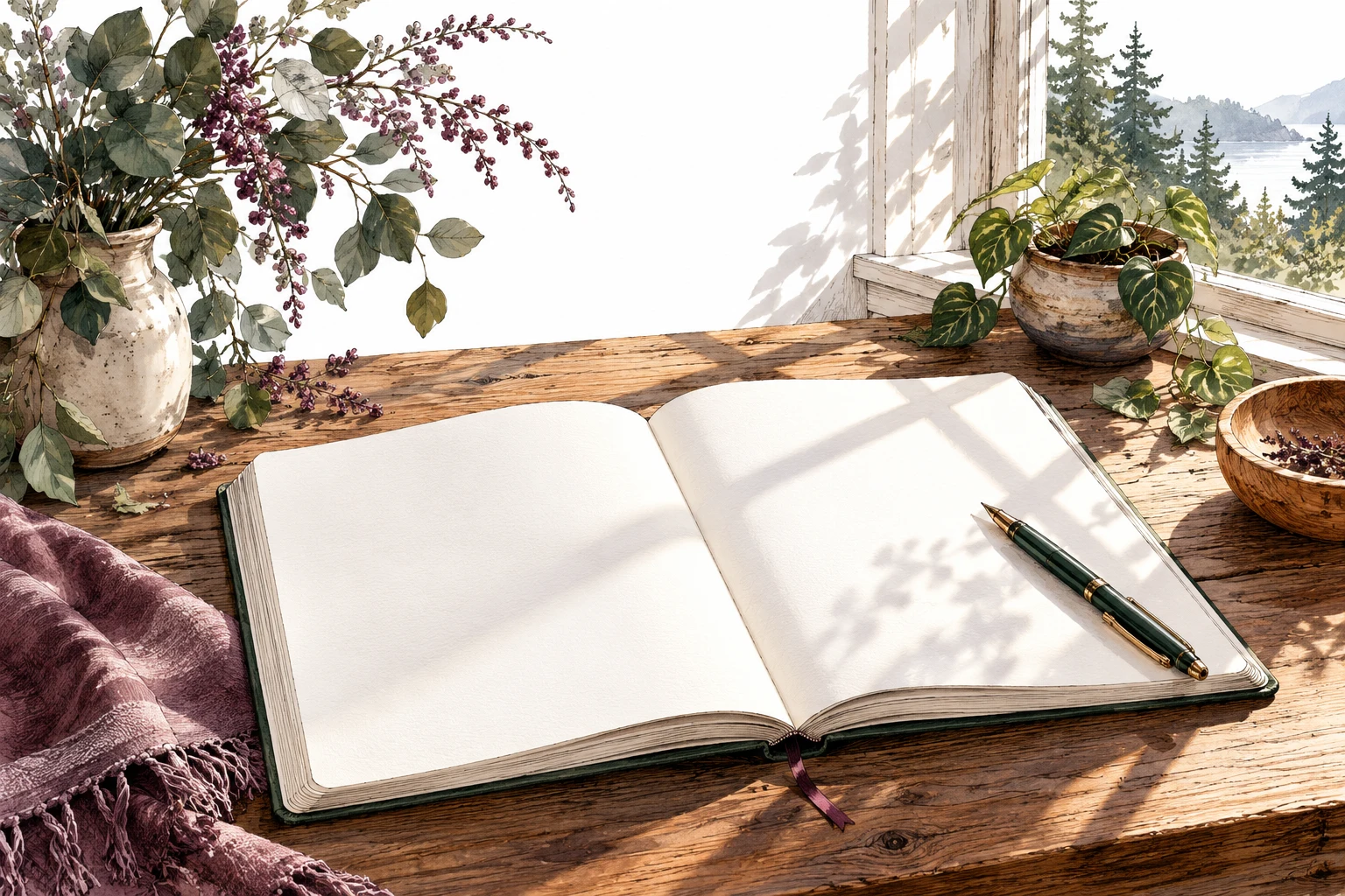An open blank notebook and pen under warm window shadows.