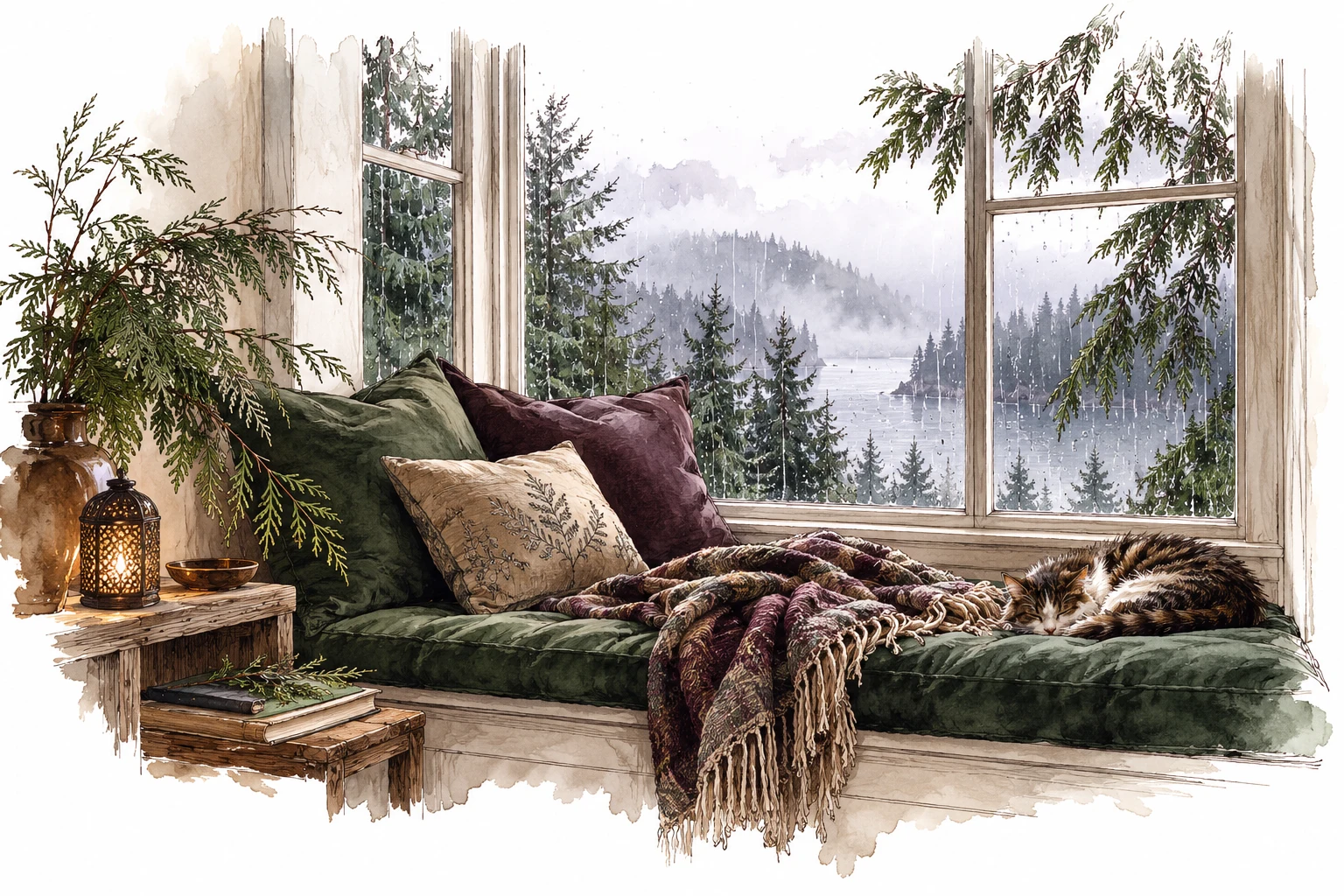 A rainy windowseat with a green cushion, plum throw, sleeping cat, and cedar view.