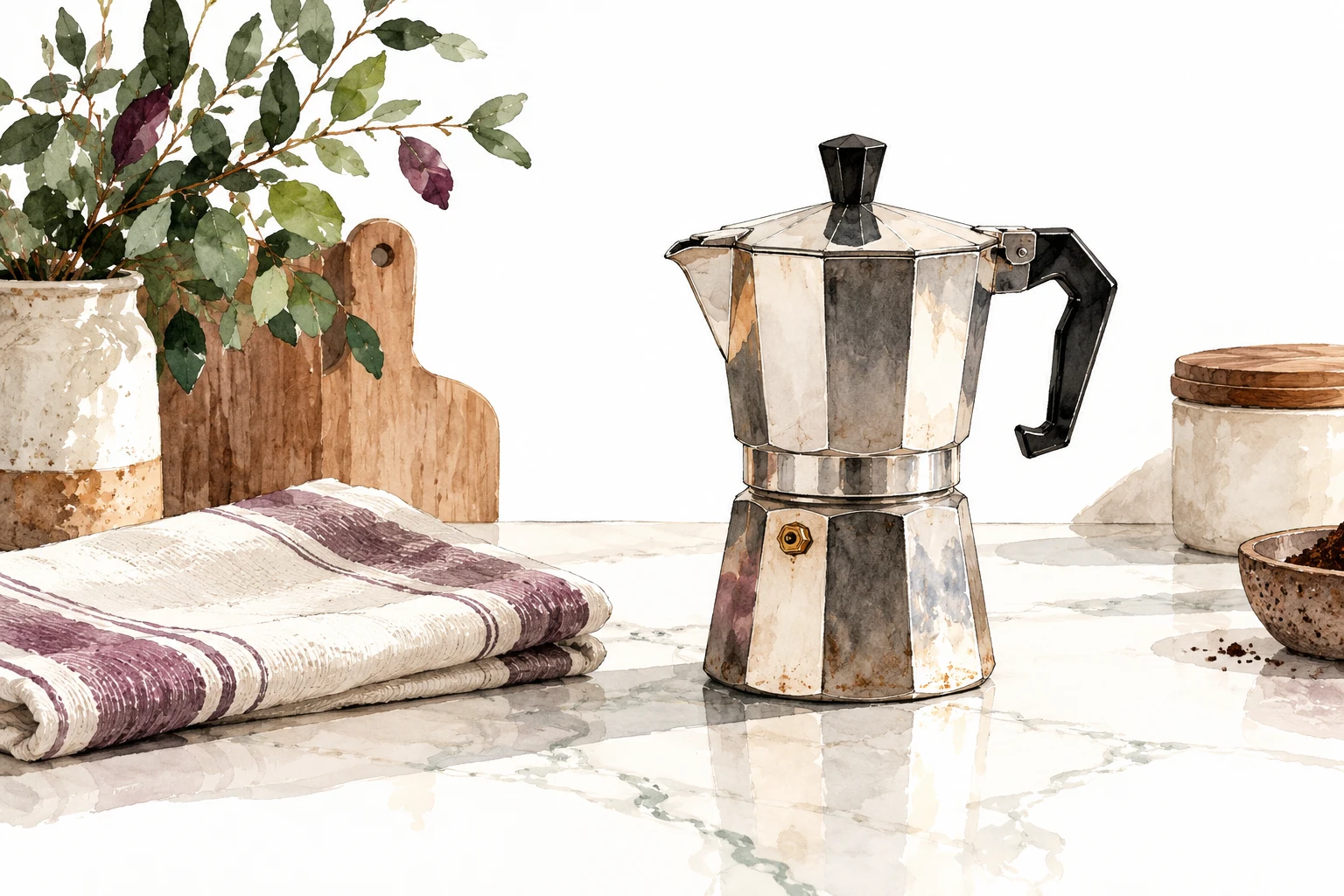 A stovetop moka pot beside a folded striped towel on a white counter.