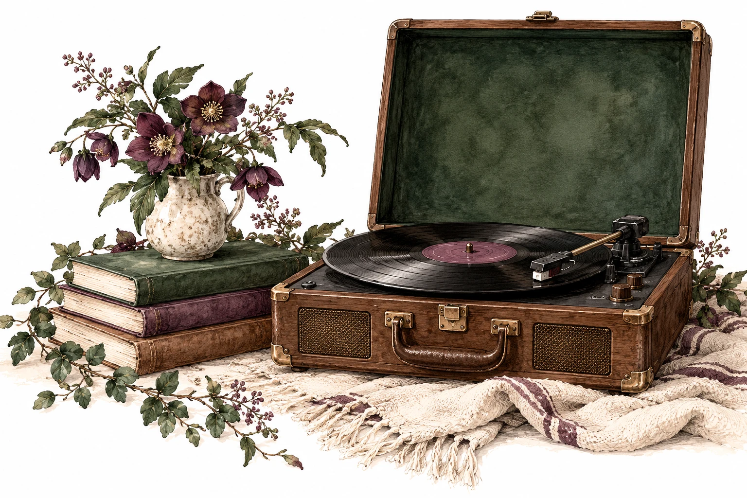A vintage record player beside plain books and plum flowers.