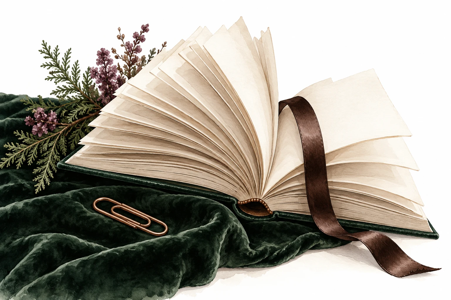 Fanned blank cream pages with a brown ribbon on green velvet beside a rose-gold paperclip.