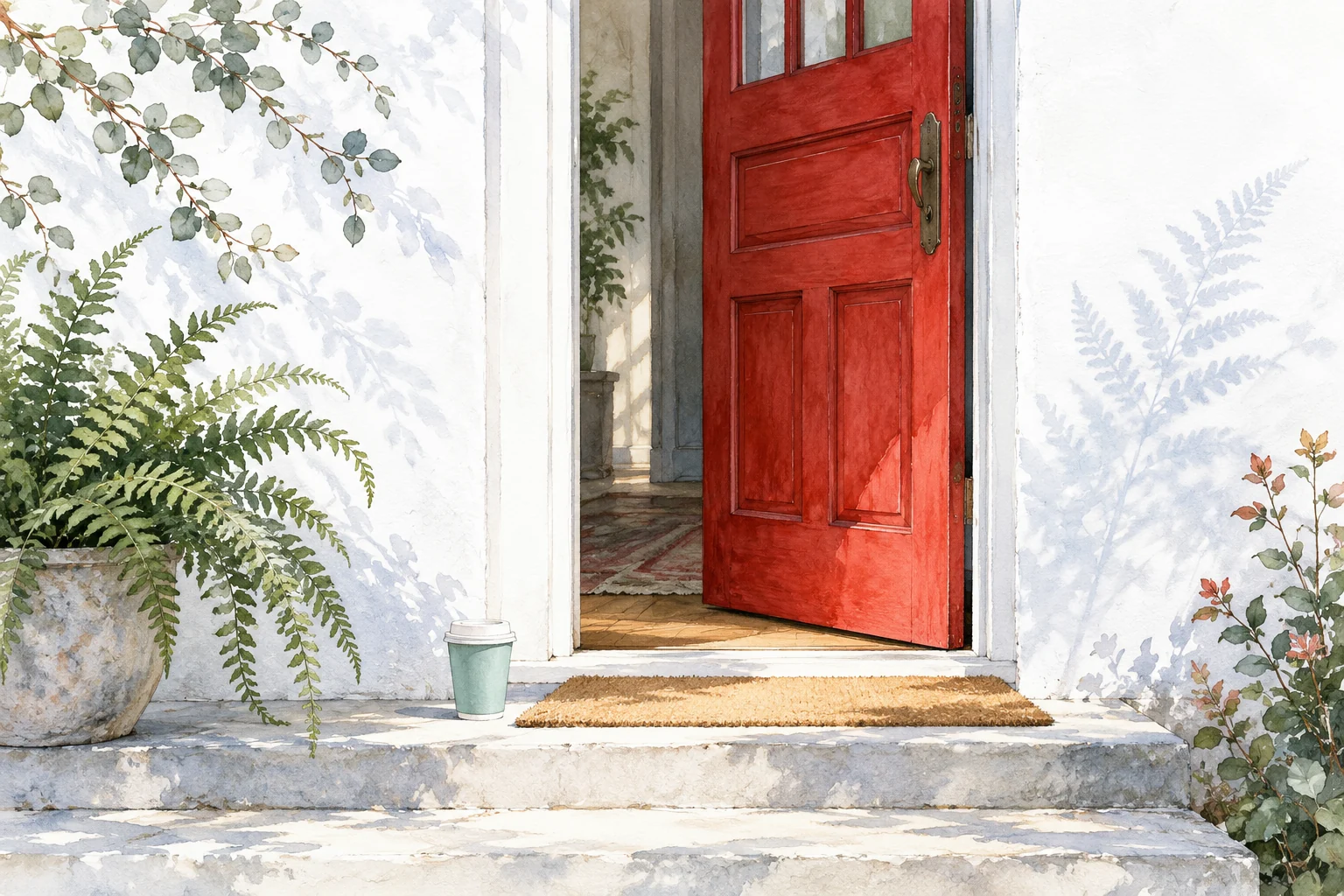 A red door opening onto a fern-lined path with a little mint takeaway cup