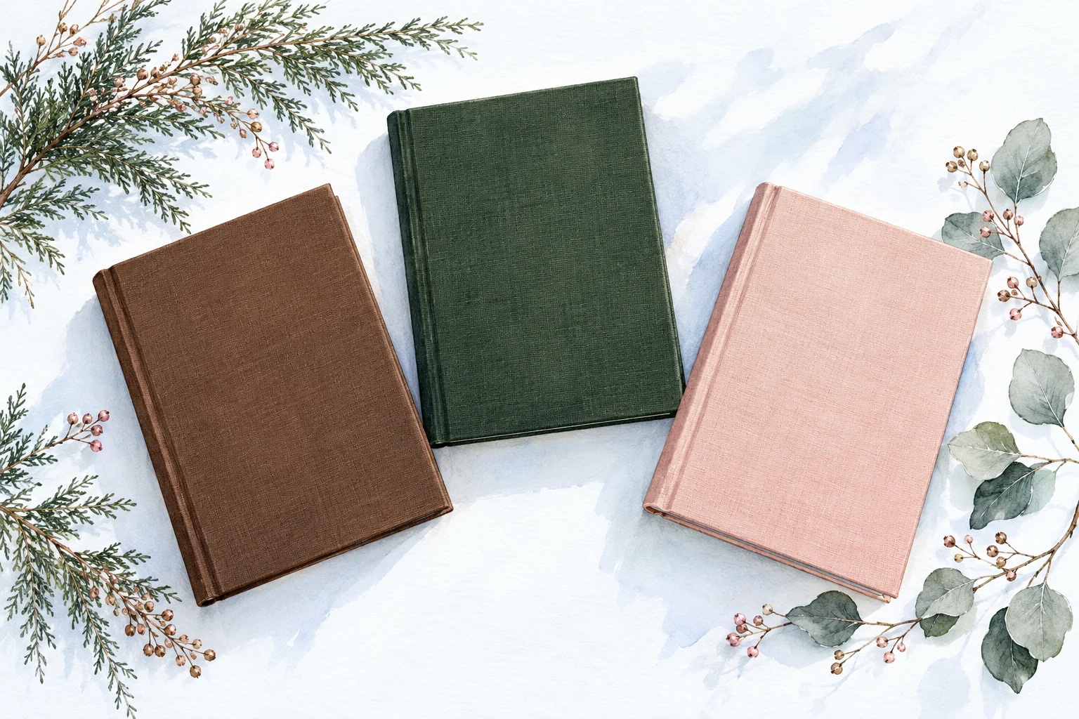 Three clothbound books in forest green, cocoa and blush
