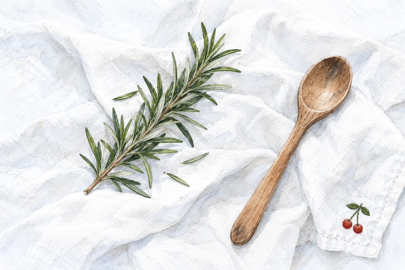 Rosemary and a wooden spoon on cherry-embroidered linen