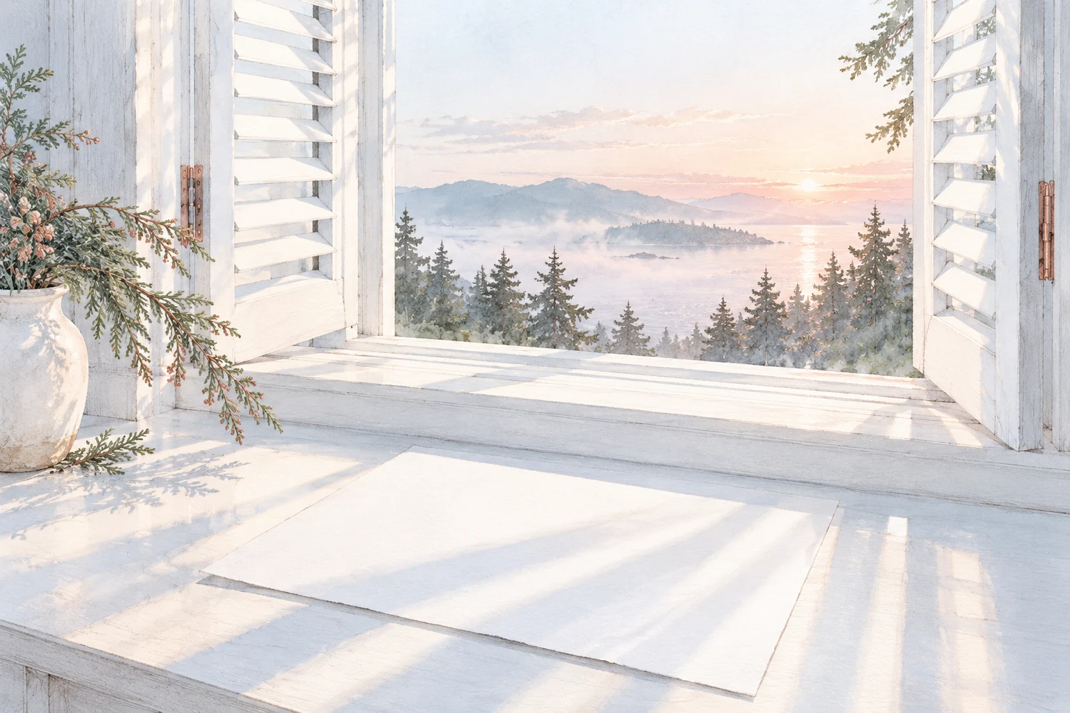 Morning light through open white shutters