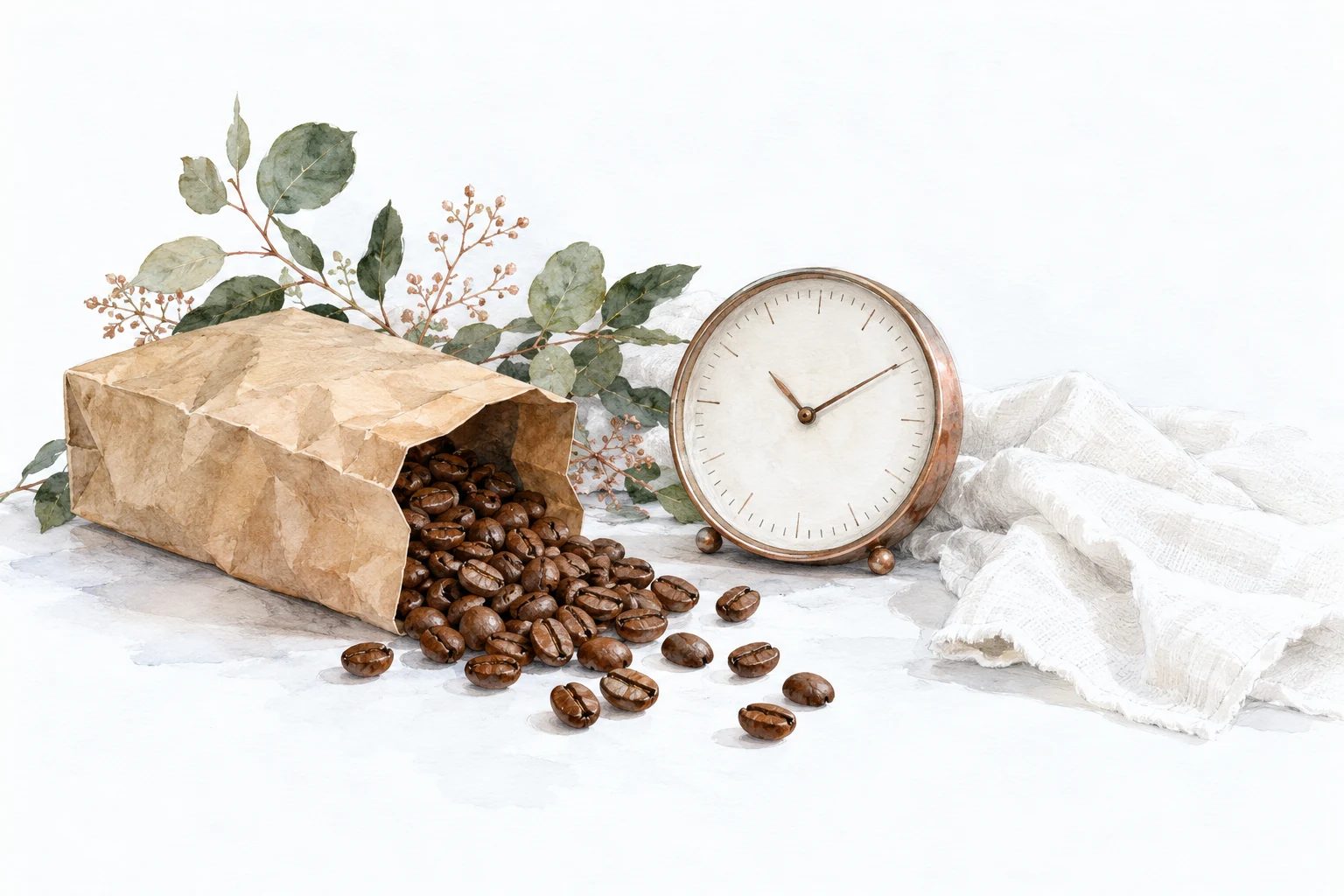 Coffee beans, a paper bag and a quiet round clock