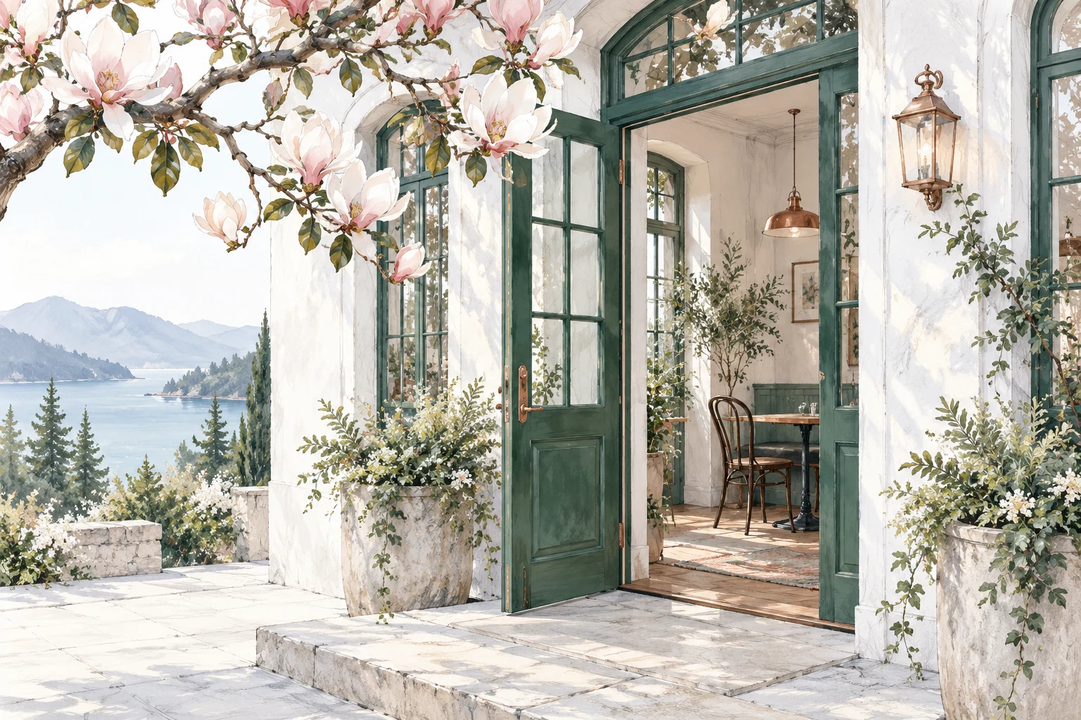 An open emerald cafe door beneath a magnolia branch