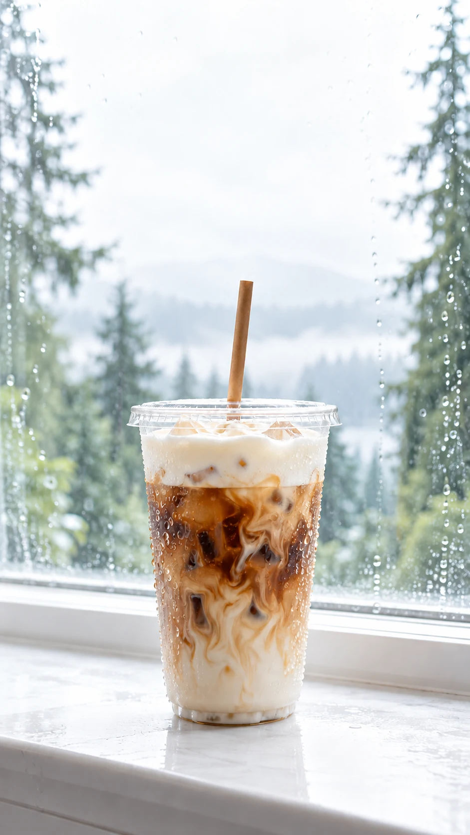 A coffee cover concept with a rounded takeaway cup, flat lid and sugarcane straw beside a rain-speckled window