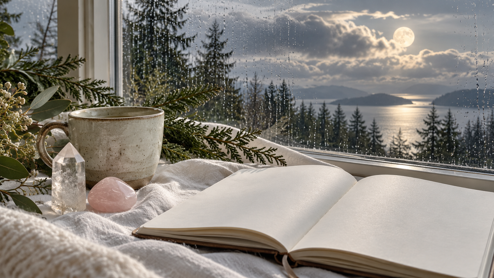 Pacific Northwest moonlit window with evergreen trees, quartz, a pale cup and an open journal