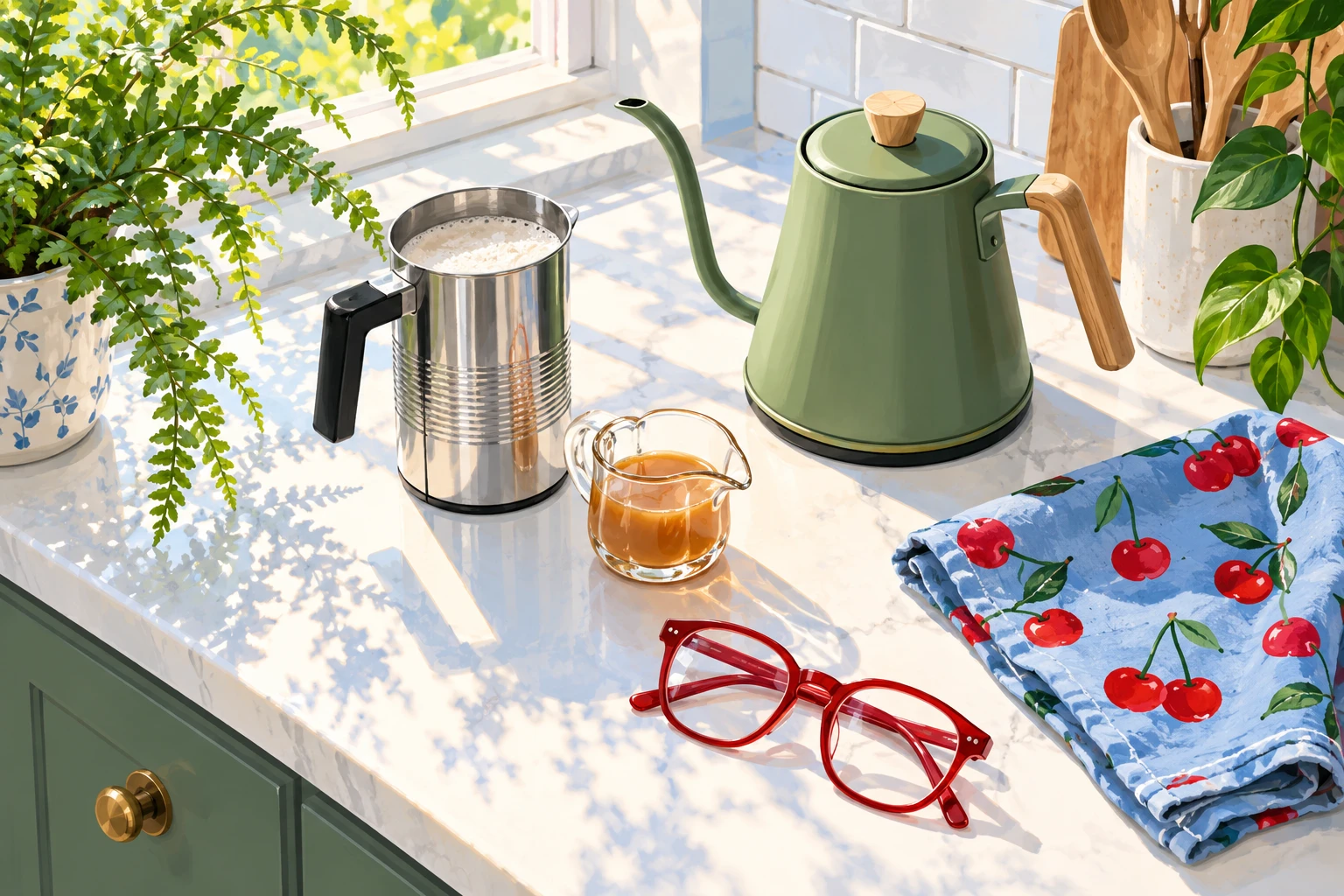 Illustrated sage kettle, milk frother, caramel, red glasses and cherry cloth in window light