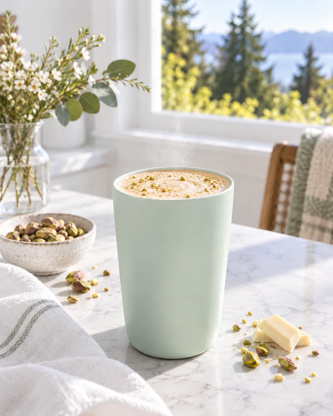 A mint-green coffee tumbler in bright window light