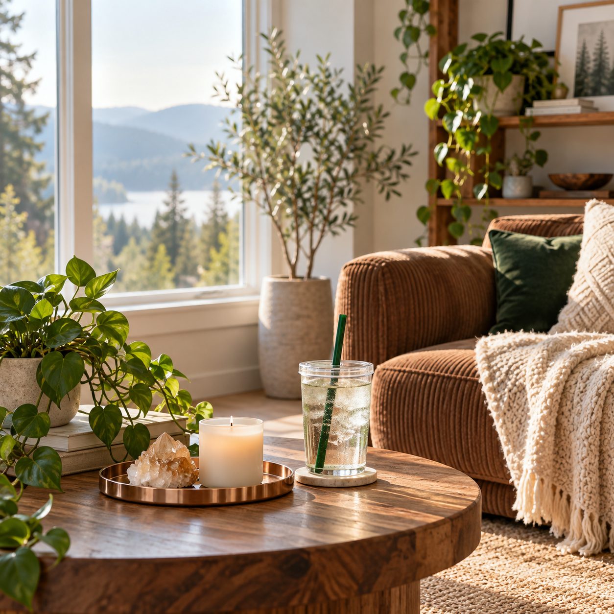 Sunlit living room with plants, brown corduroy, a rose-gold tray and a quiet cup